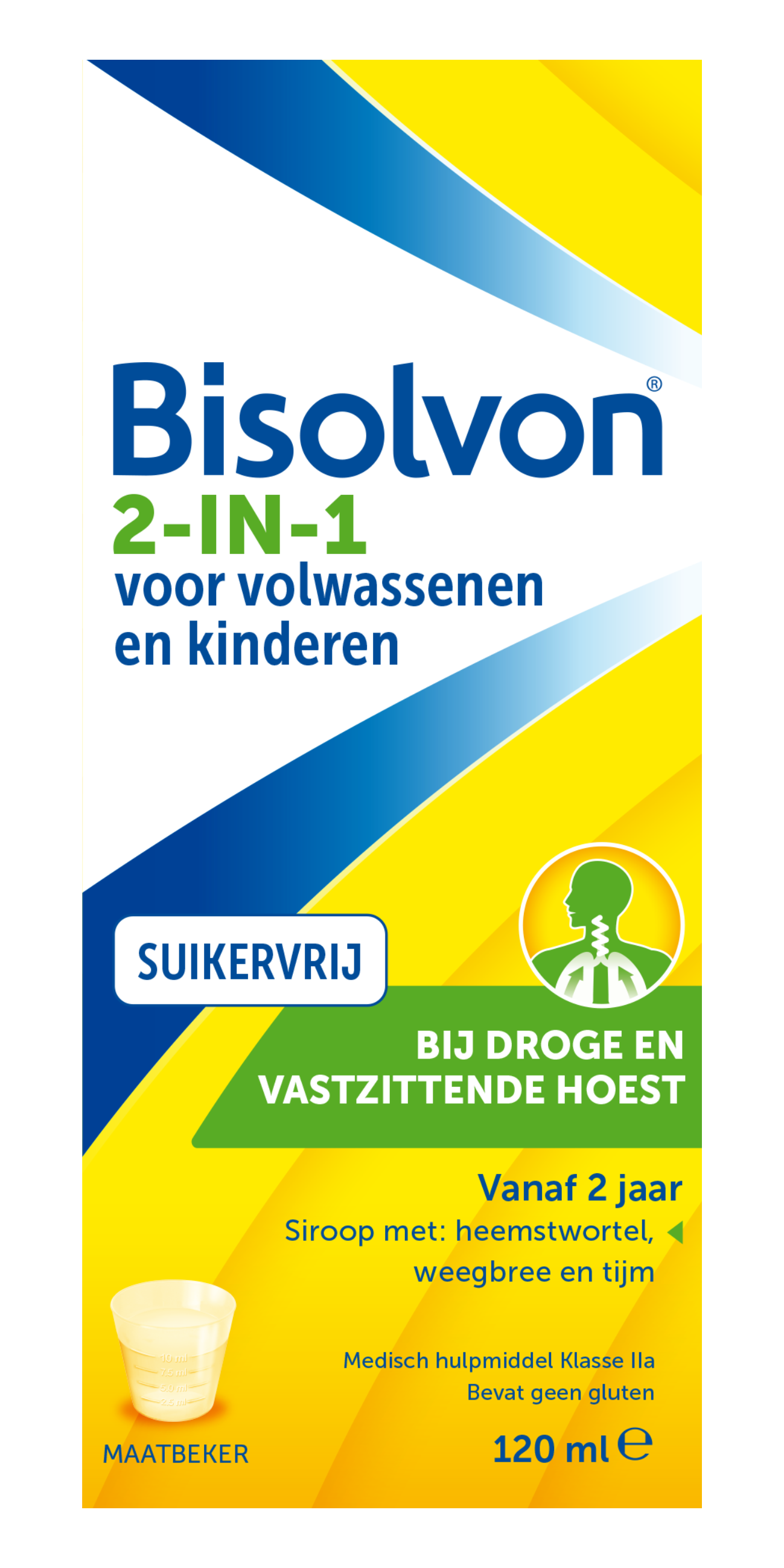 Bisolvon 2-in-1 sugar-free cough syrup bottle, 120ml, for relief of cough and throat irritation.
