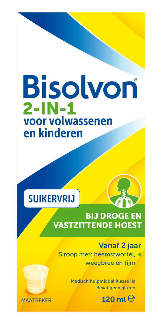 Bisolvon 2-in-1 sugar-free cough syrup bottle, 120ml, for relief of cough and throat irritation.