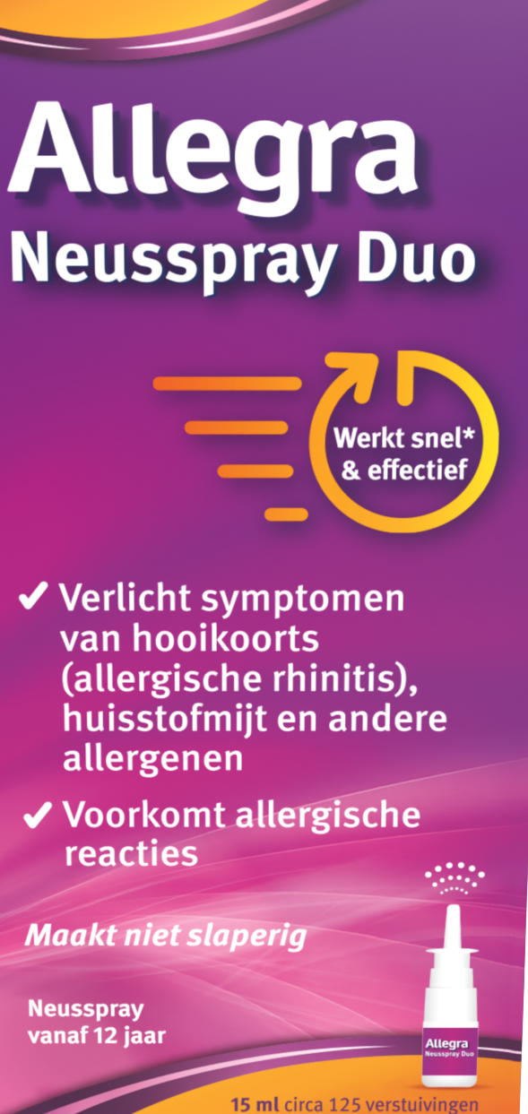 Allegra Neusspray duo 15ml, nasal care and inhalation spray, featuring two bottles with spray nozzles for nasal relief.