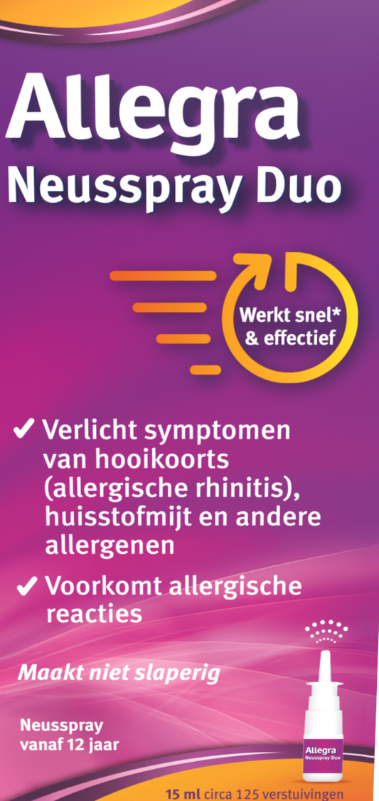 Allegra Neusspray duo 15ml, nasal care and inhalation spray, featuring two bottles with spray nozzles for nasal relief.