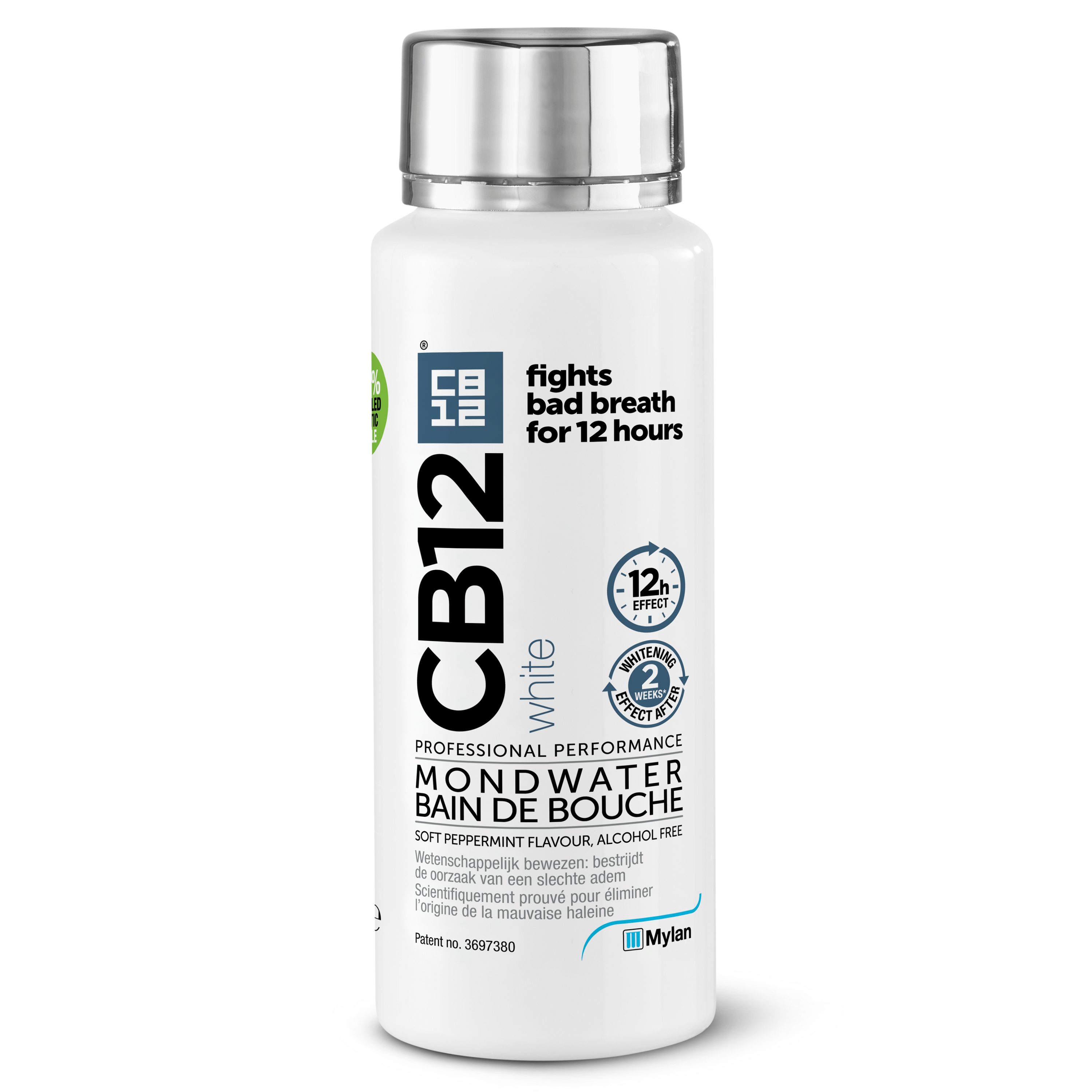 CB12 Mondverzorging white 250ml bottle for oral hygiene and brushing control, featuring a white cap and label.