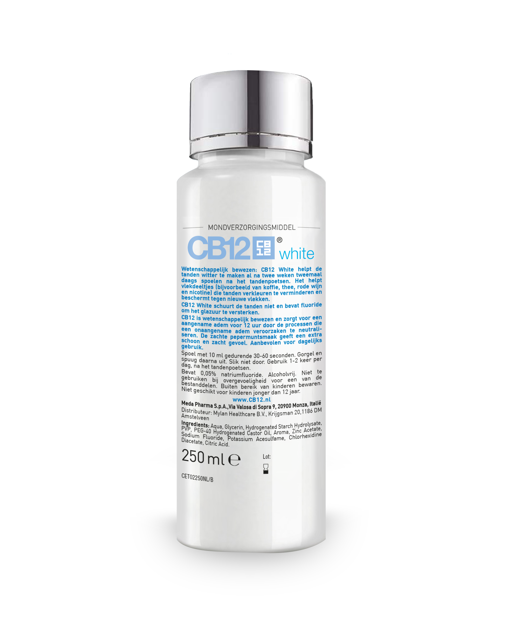 CB12 Mondverzorging white mouthwash bottle, 250ml, for oral hygiene and tooth cleaning, with label and cap visible.