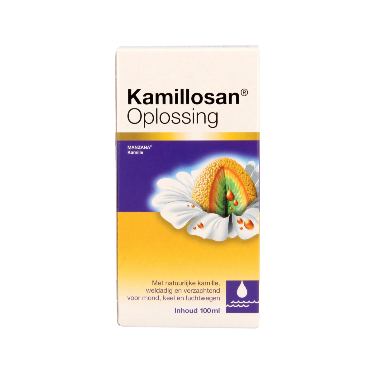 Kamillosan Oplossing 100ml mouth rinse bottle, natural herbal mouthwash for oral care, branded Kamillosan.