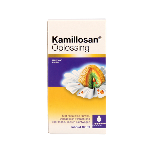Kamillosan Oplossing 100ml mouth rinse bottle, natural herbal mouthwash for oral care, branded Kamillosan.