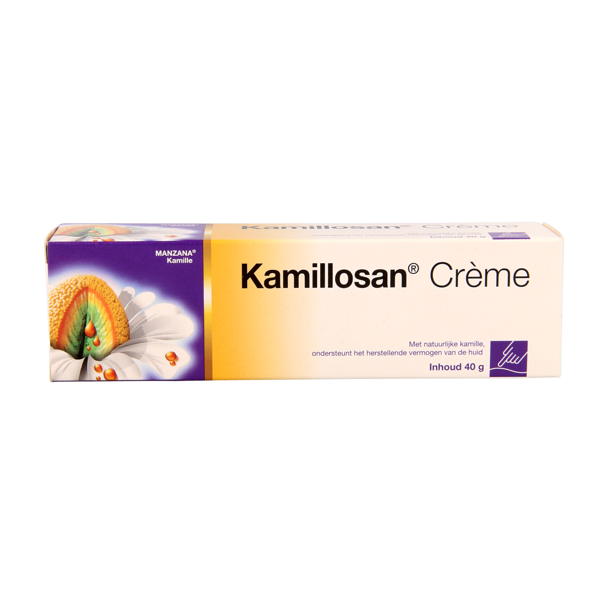 Kamillosan Creme 40g, natural body care cream in a white jar with green label, designed for soothing skin.