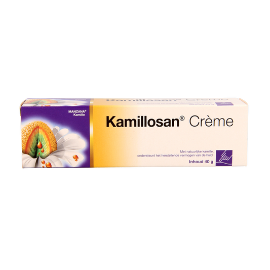 Kamillosan Creme 40g for body care, featuring a white tube with green accents and the Kamillosan logo on the packaging.