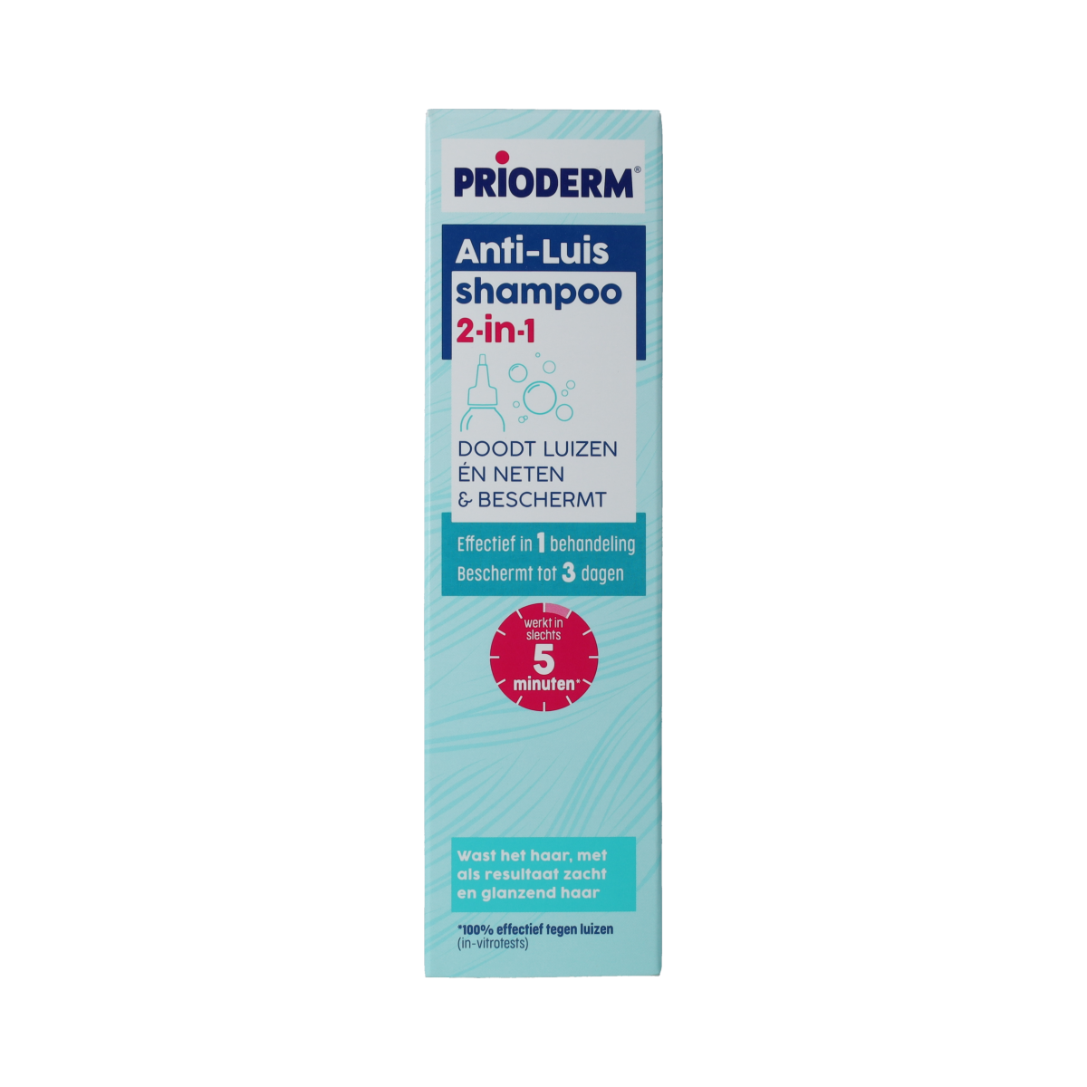 Prioderm 2-in-1 anti-luis shampoo for hair care, 100ml bottle with label showing Prioderm branding and product details.