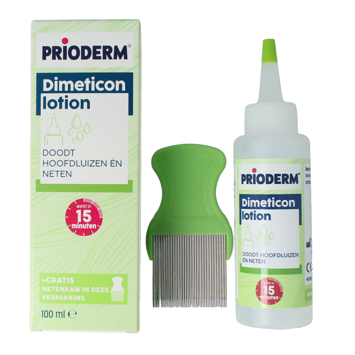 Prioderm Dimeticon lotion in 100ml bottle, hair care product for scalp and hair health, with clear label and applicator tip.