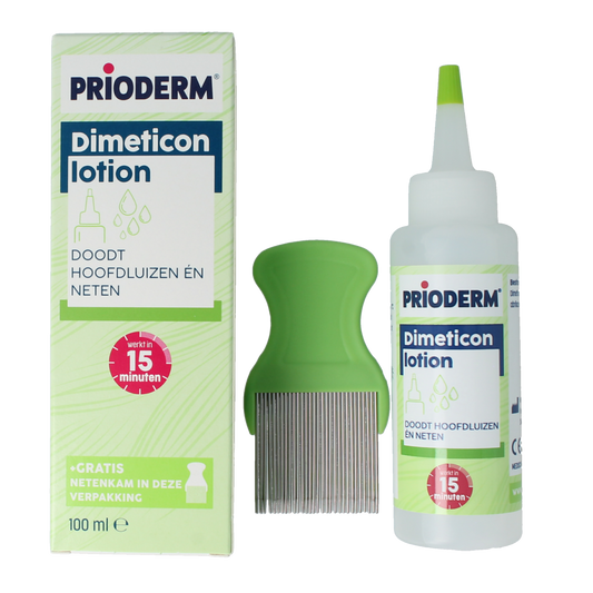 Prioderm Dimeticon lotion in 100ml bottle, hair care product for scalp and hair health, with clear label and applicator tip.
