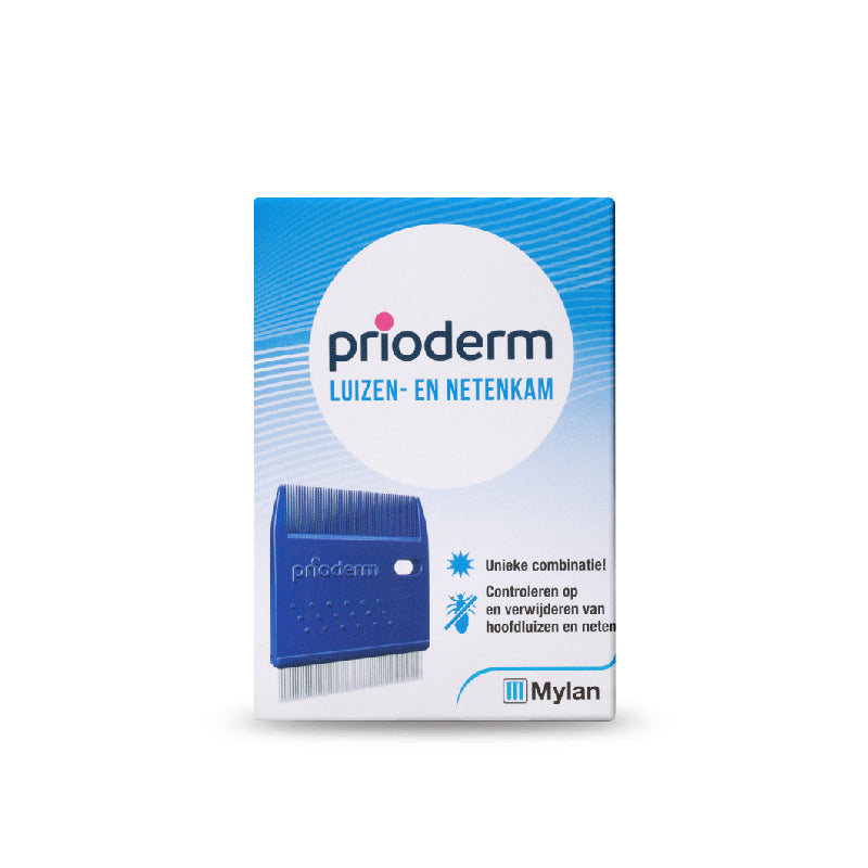 Prioderm lice and nit comb for hair care, plastic comb with fine teeth, used for removing lice and nits from hair.