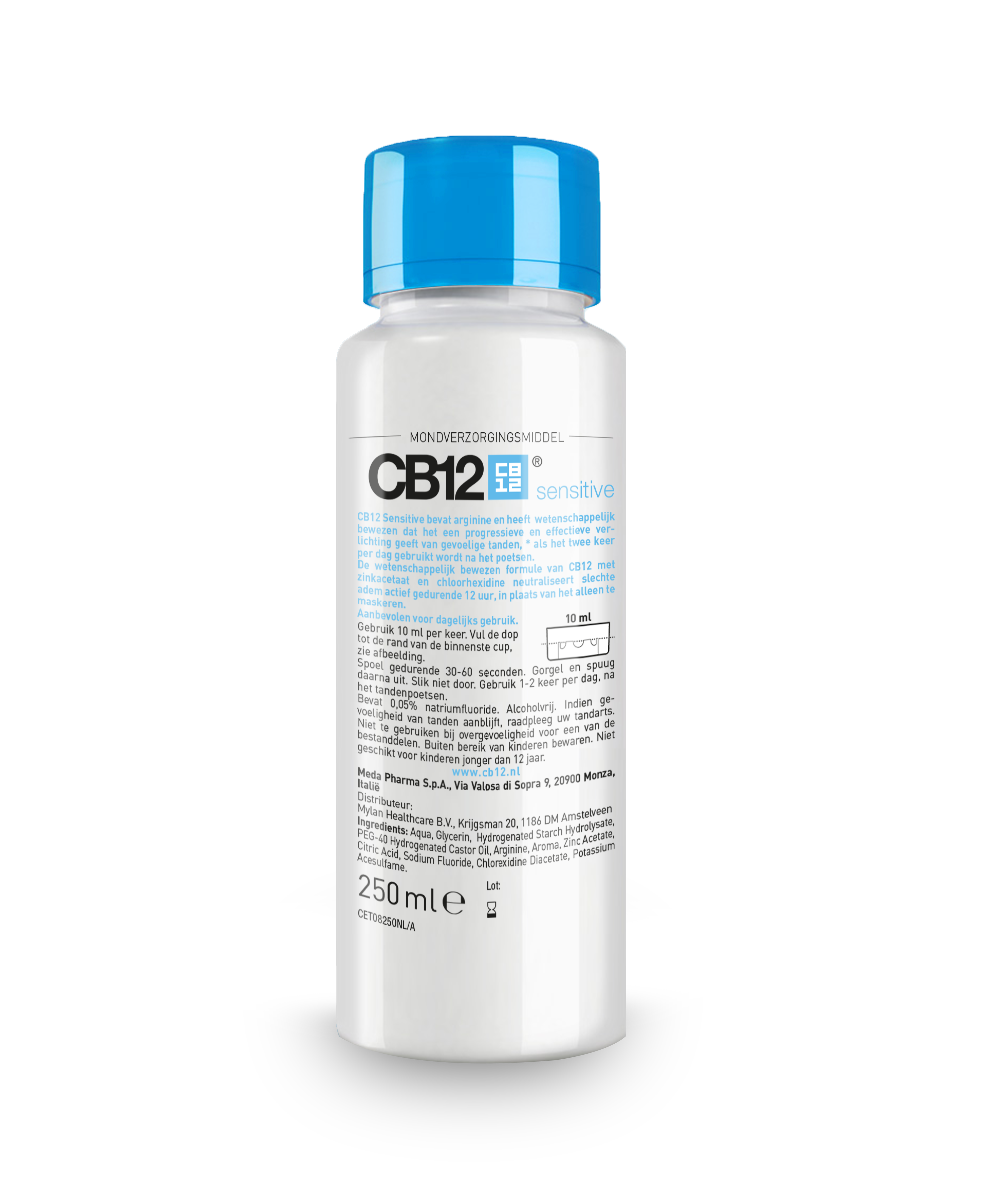 CB12 Mondverzorging sensitive mouthwash in a 250ml bottle, gentle mouth rinse for oral freshness and hygiene.