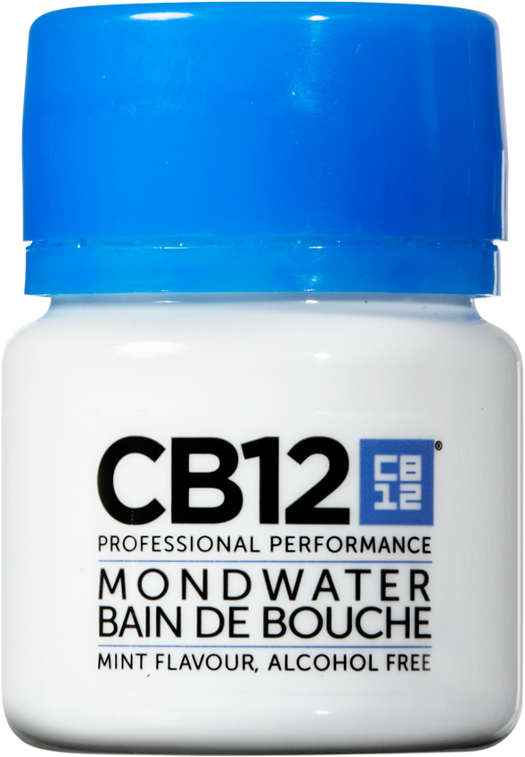 CB12 Original mouthwash mini bottle, 50ml, with label showing CB12 branding and product details.