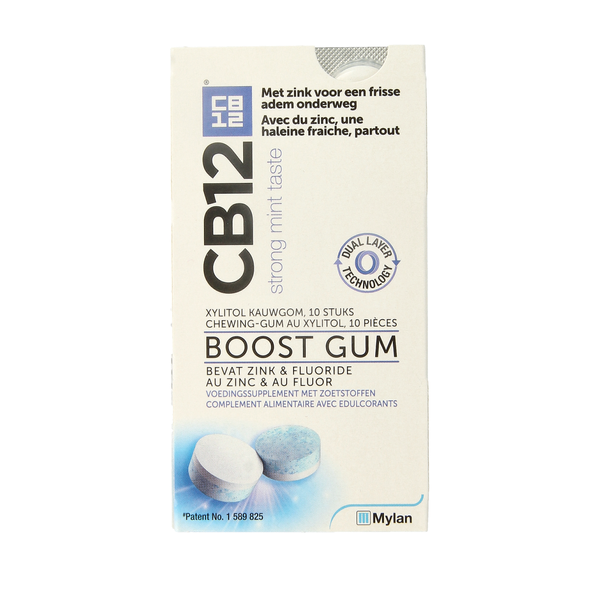 CB12 Mondverzorging boost kauwgom, strong mint flavor, 10 pieces, chewy candy for fresh breath and oral care.