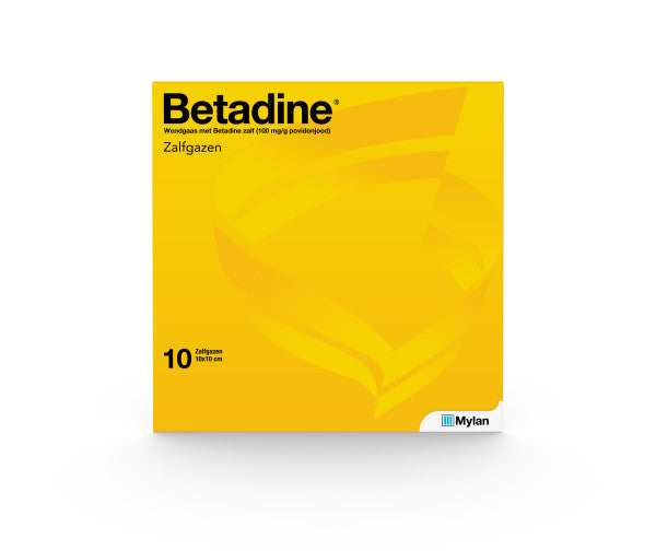 Pack of 10 Betadine disinfectant gauze pads and compresses, sterile wound dressings for medical use.