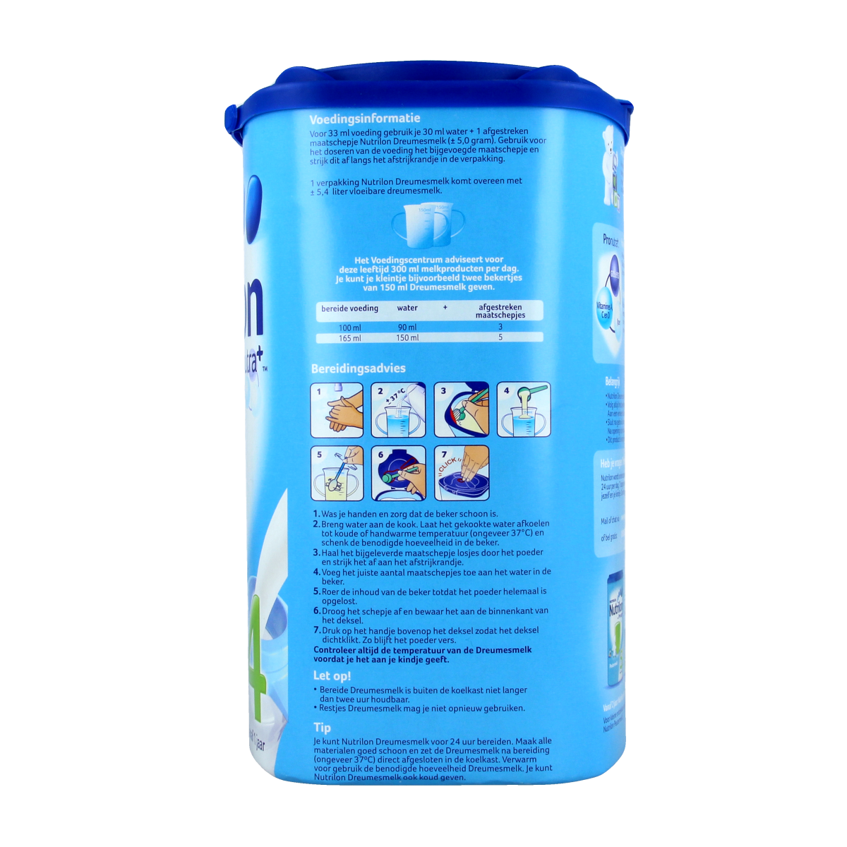 Nutrilon 4 Dreumes groeimelk poeder, baby and toddler formula, 800g jar with label showing product branding and nutritional info.