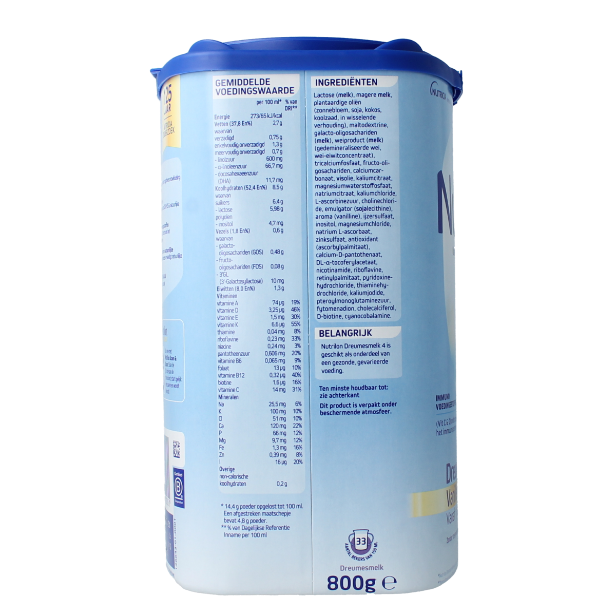 Nutrilon 4 Dreumes vanille poeder, baby and toddler nutrition, 800g jar with vanilla-flavored powdered baby formula.
