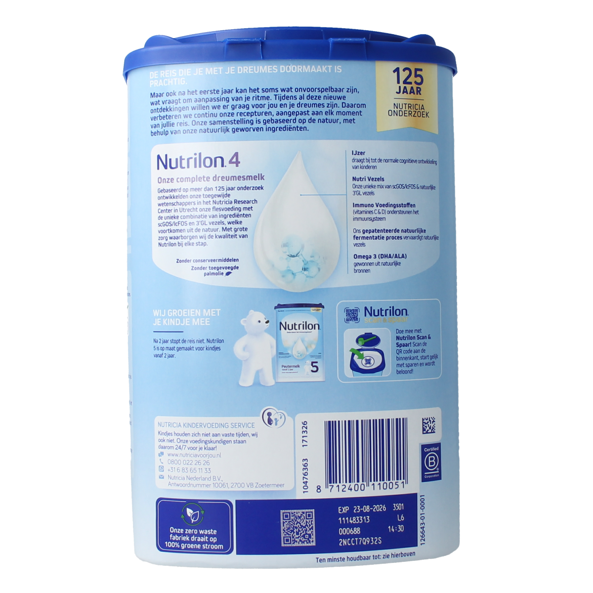 Nutrilon 4 Dreumes vanille poeder, 800g baby and toddler nutrition powder with vanilla flavor, in a white container.