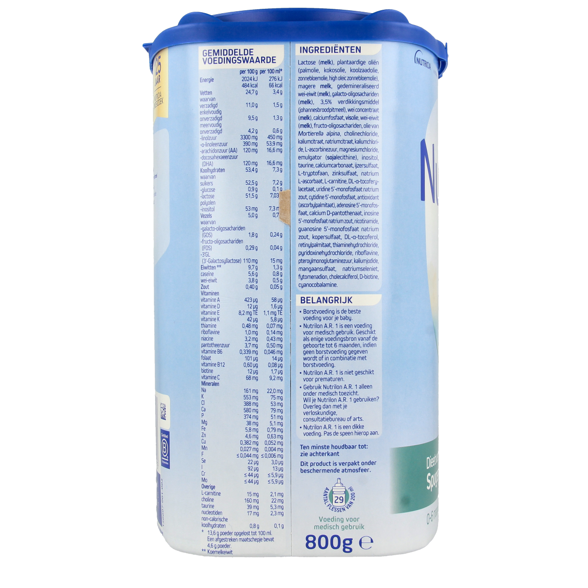 Nutrilon A.R. 1 baby and toddler nutrition 800g jar showing the label and packaging details.