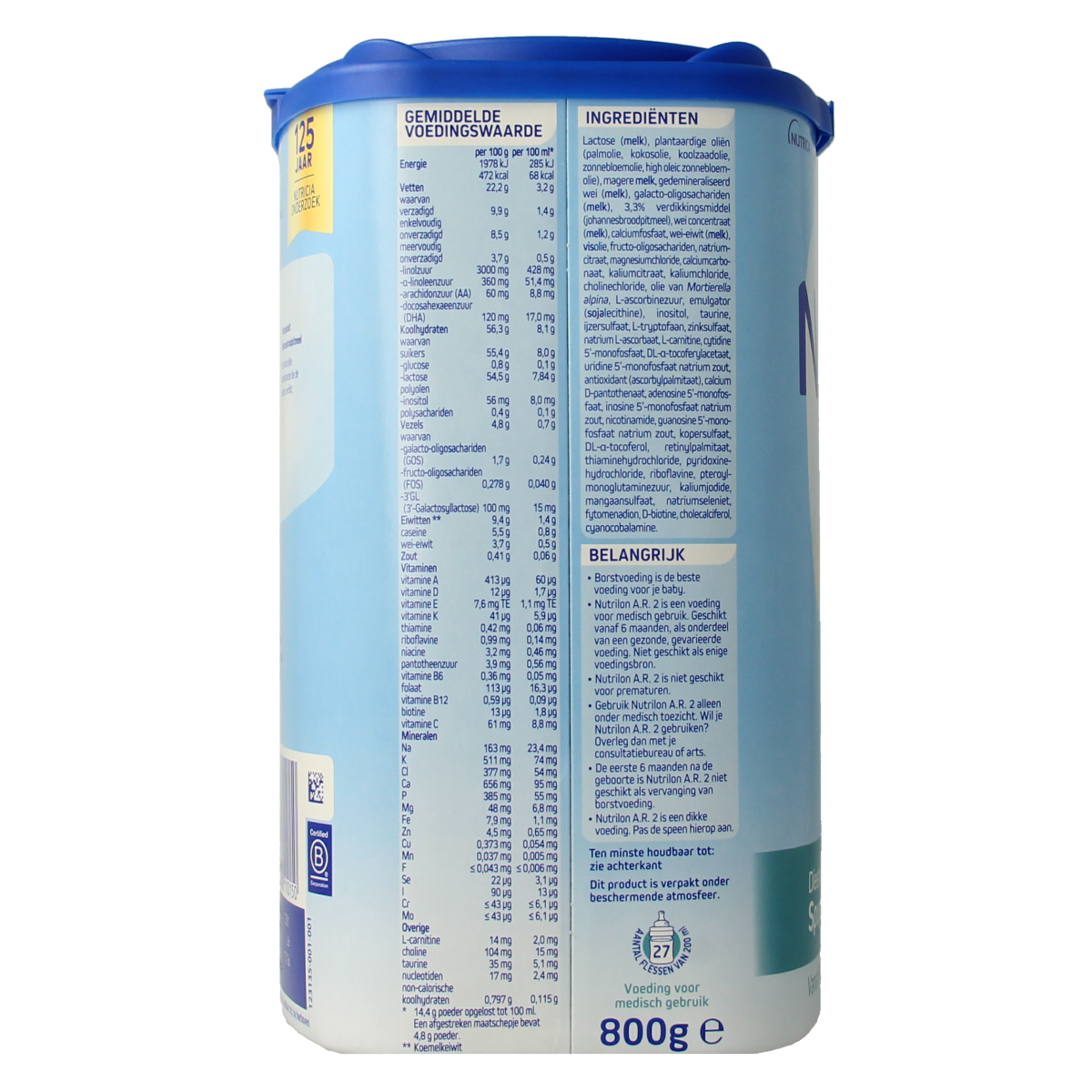 Nutrilon A.R. 2 baby and toddler formula in an 800g container, designed for gentle digestion and nutrition.