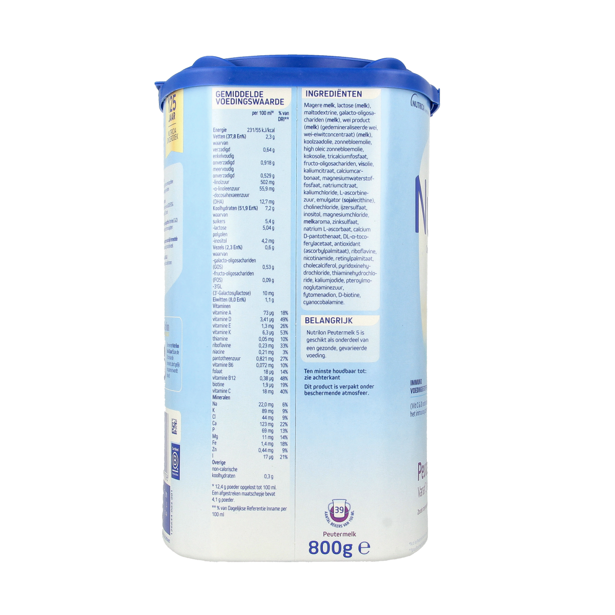 Nutrilon 5 Peuter groeimelk poeder, 800g, baby and toddler nutrition, creamy milk powder in a package with product branding.