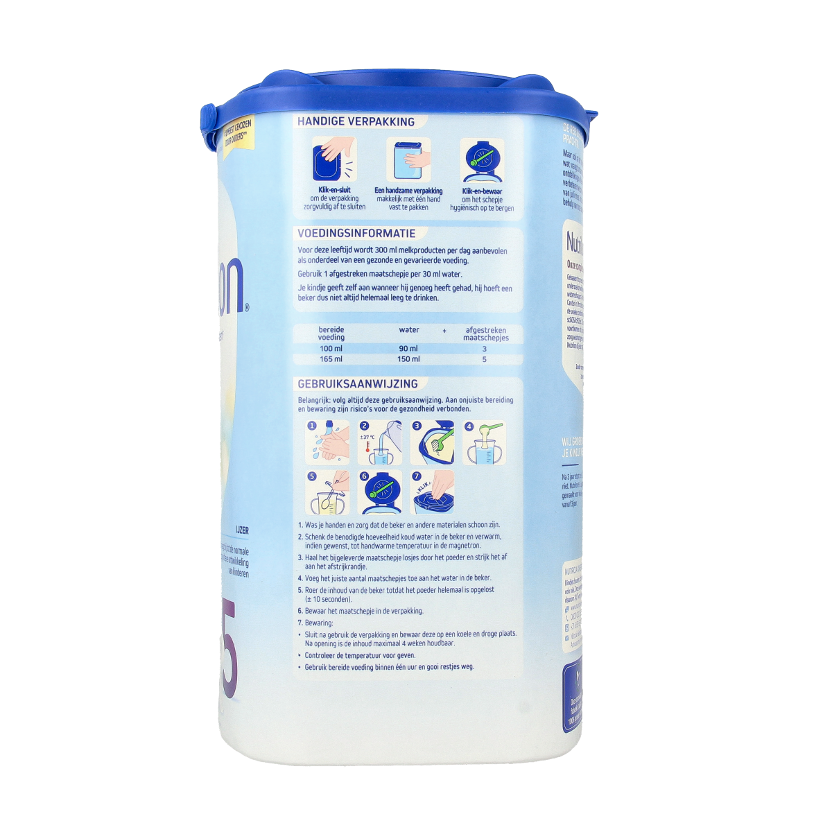 Nutrilon 5 Peuter groeimelk poeder, 800g, baby and toddler nutrition, creamy milk powder in a container.