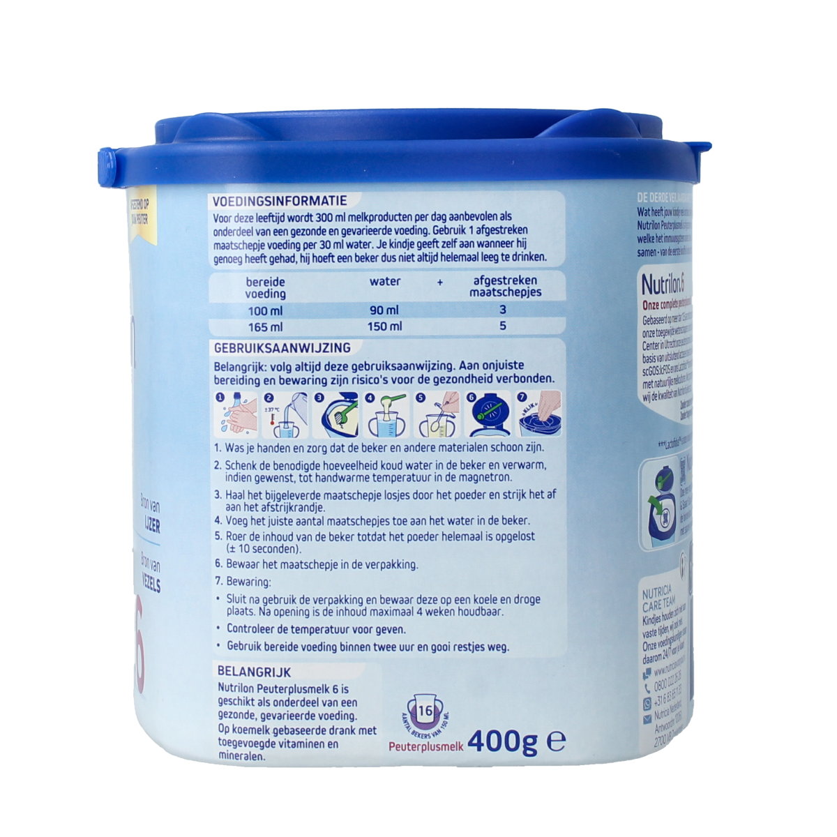 Nutrilon 6 Peutermelkplus baby and toddler milk powder, 400g, in a container with a colorful label and a measuring scoop.