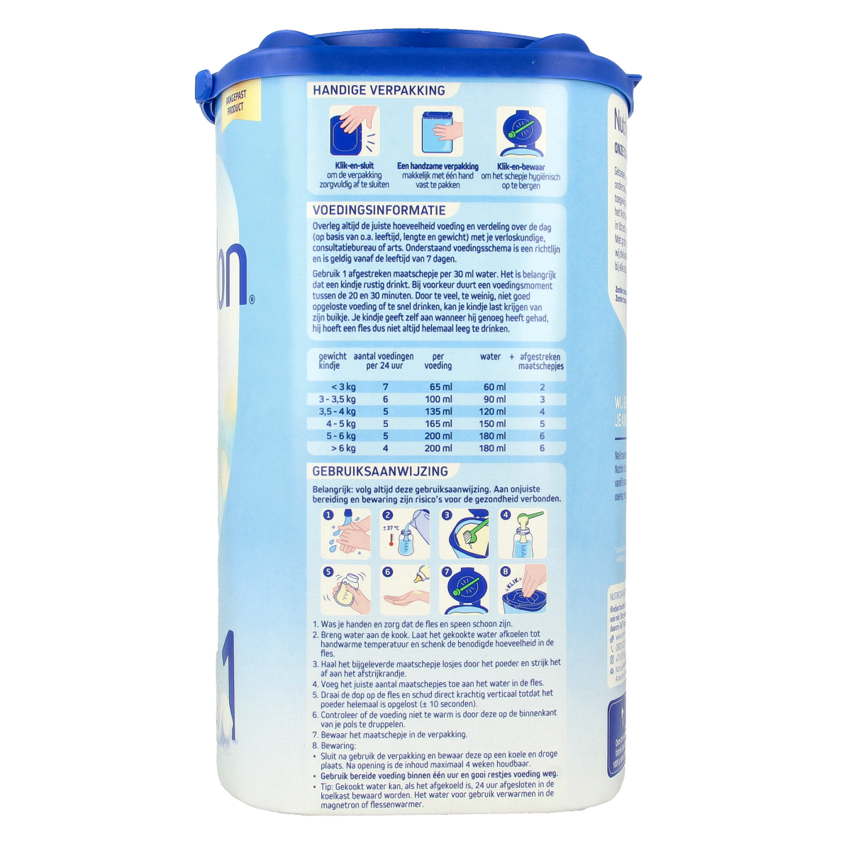 Nutrilon baby and toddler full infant formula 1 in 800g container, showing the product packaging and label.
