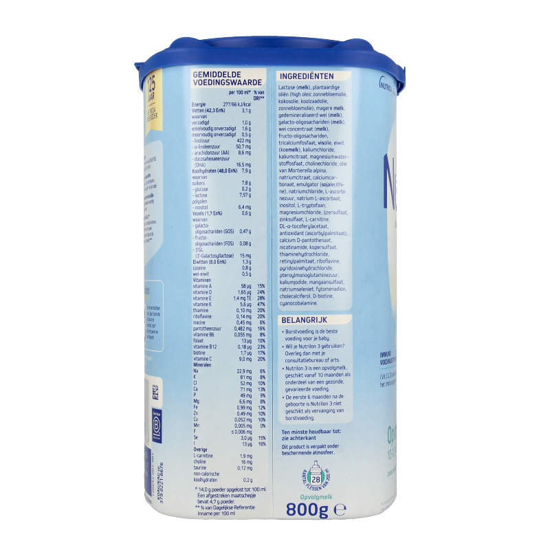 Nutrilon Opvolgmelk 3 baby formula in 800g packaging, suitable for toddlers, with a label featuring Nutrilon branding and product details.