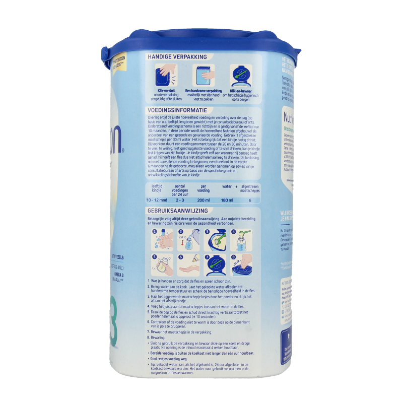 Nutrilon Opvolgmelk 3 baby and toddler formula in 800g can, with Nutrilon branding and product label visible.