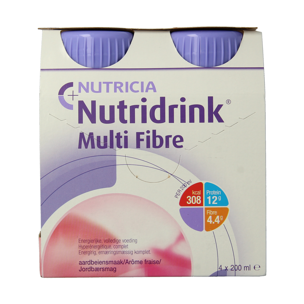 Nutridrink Multi Fibre aardbei medical diet food bottles, 200ml each, four-pack with strawberry flavor and fiber content.