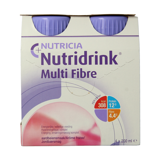 Nutridrink Multi Fibre aardbei medical diet food bottles, 200ml each, four-pack with strawberry flavor and fiber content.