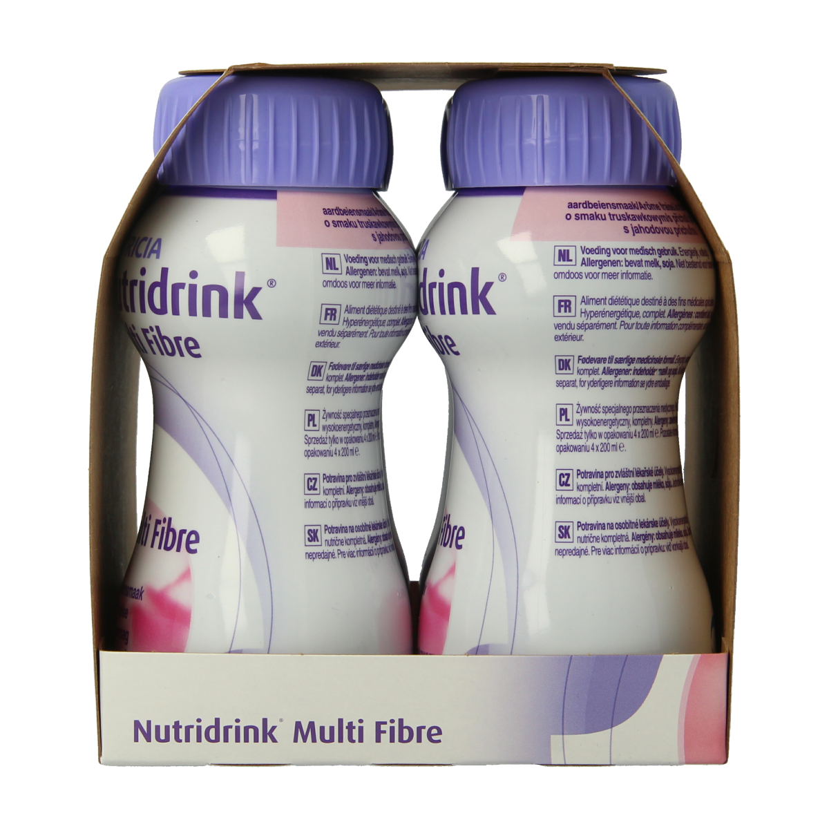 Nutridrink Multi Fibre aardbei medical dietary supplement in 200ml bottles, showing strawberry flavor and packaging.