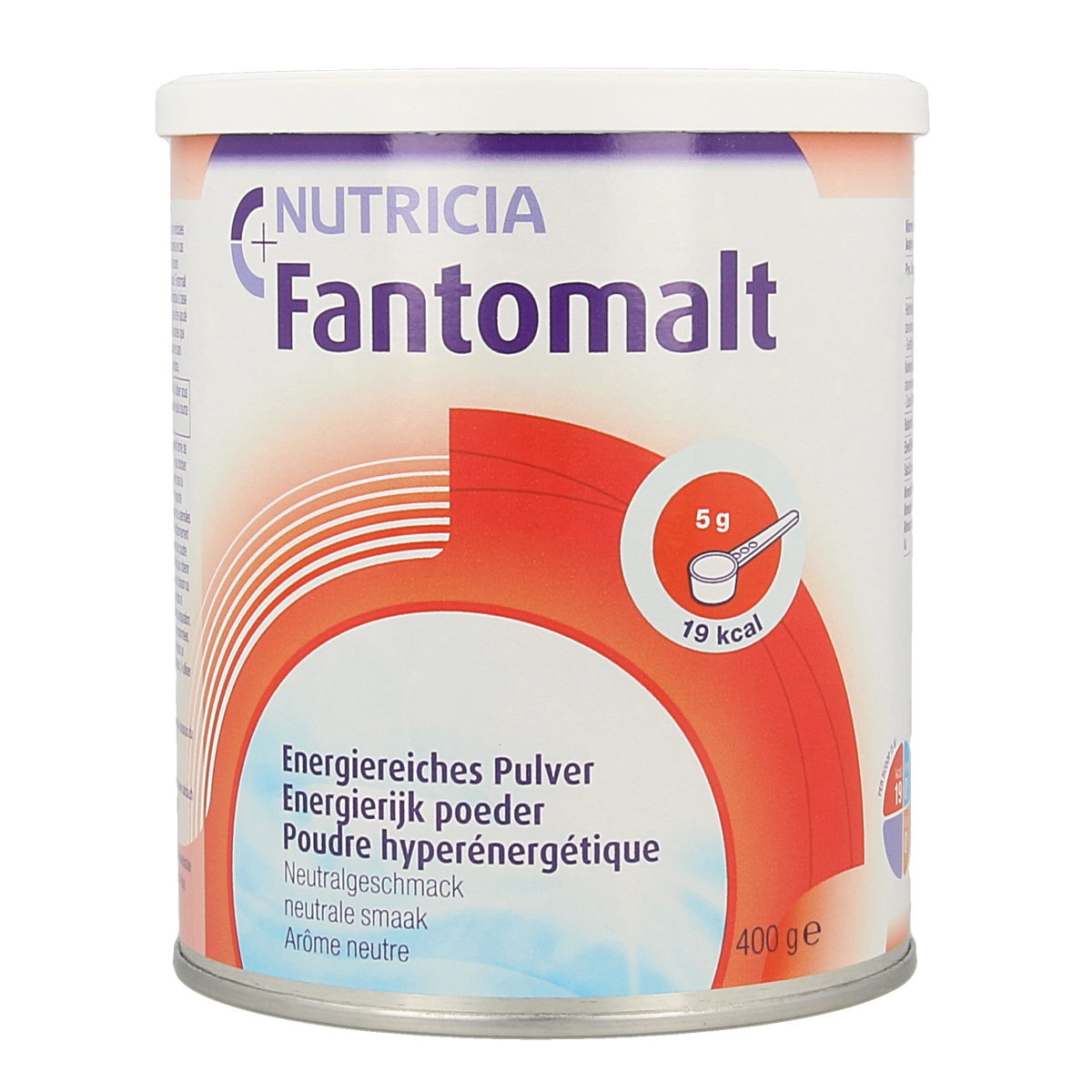 Fantomalt Poeder 400g medical dietary supplement in a white container with a blue lid, used for medical nutrition.