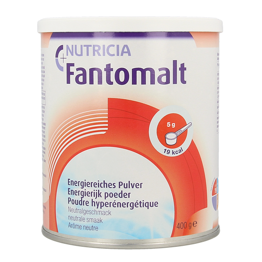 Fantomalt Poeder 400g medical dietary supplement in a white container with a blue lid, used for medical nutrition.