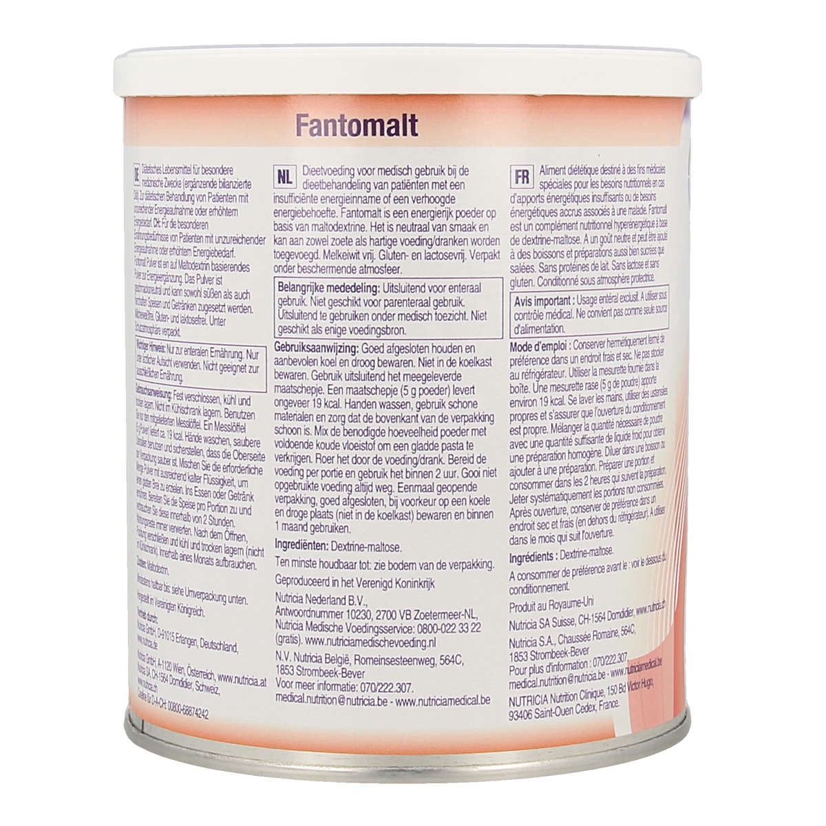 Fantomalt Poeder 400g medical dietary supplement in a clear container, showing the powder inside.