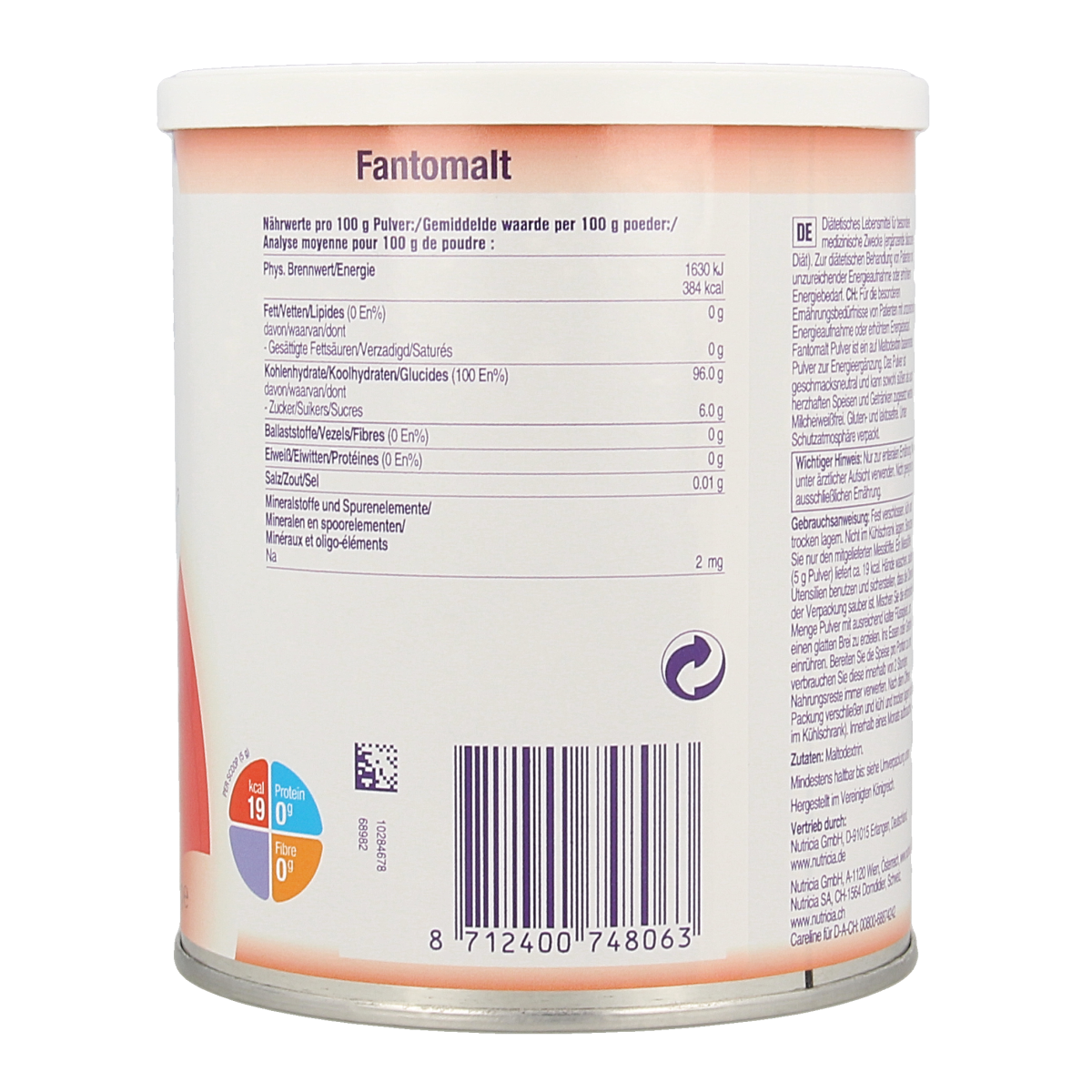 Fantomalt Poeder 400g medical dietary supplement in a white container with a label showing product details.
