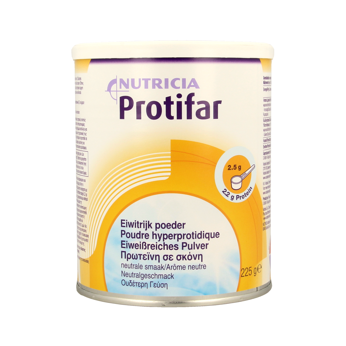 Nutricia Protifar eiwitrijk poeder in 225g verpakking, medische dieetvoeding met witte poeder zichtbaar in de afbeelding.