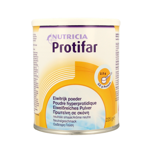 Nutricia Protifar eiwitrijk poeder in 225g verpakking, medische dieetvoeding met witte poeder zichtbaar in de afbeelding.
