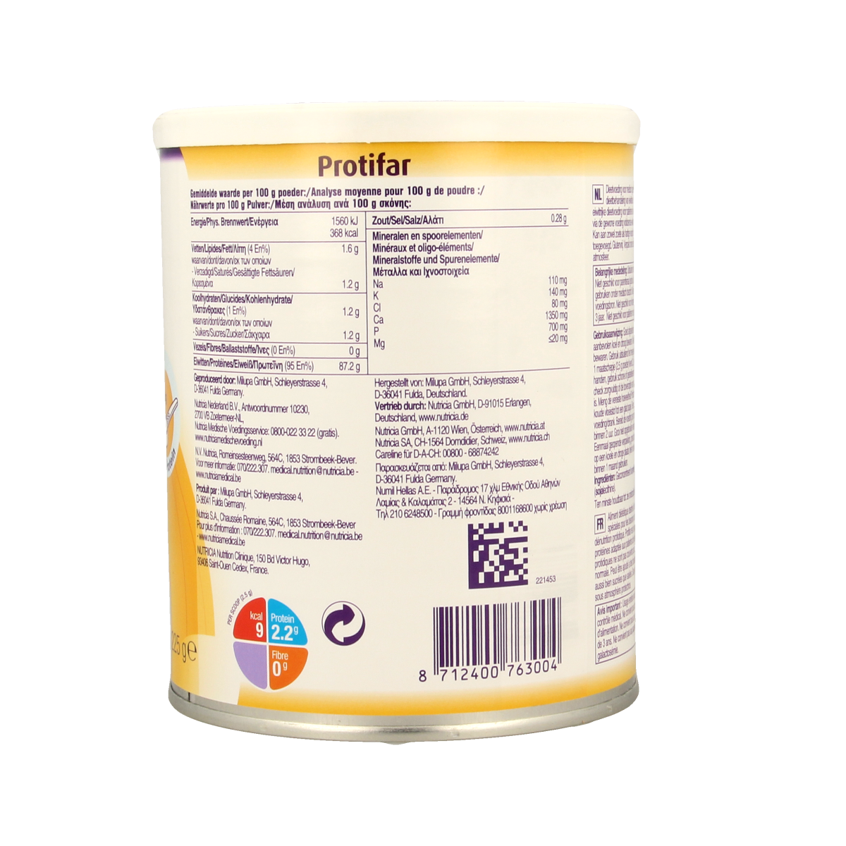 Nutricia Protifar eiwitrijk poeder in 225g verpakking, medisch dieetvoeding voor speciale voedingsbehoeften.