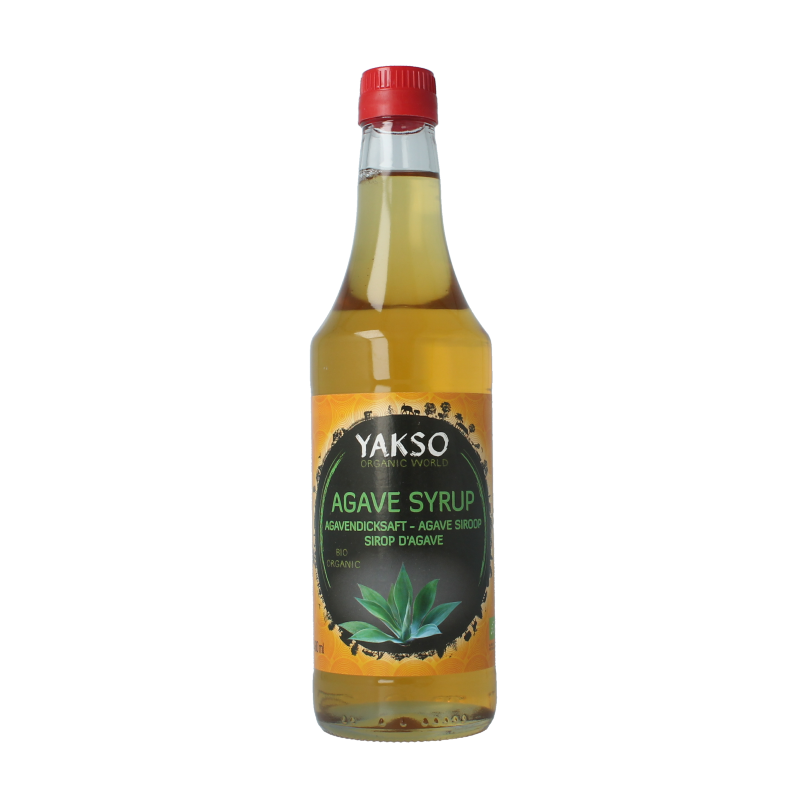 Organic Yakso Agave syrup in a 480ml bottle, showcasing the natural golden color and label of the bio sweetener.