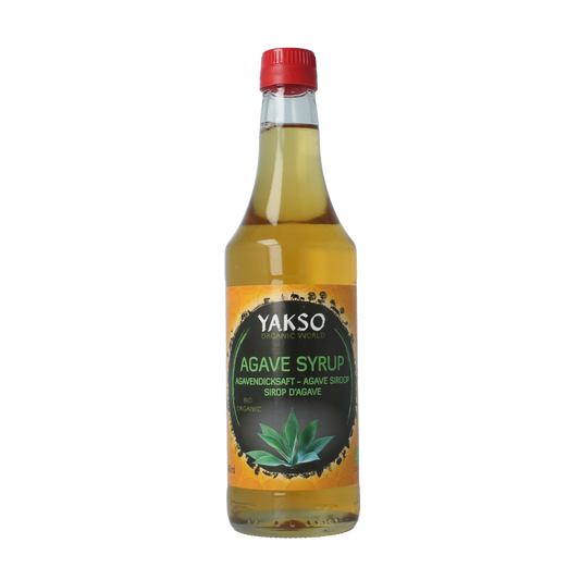 Organic Yakso Agave syrup in a 480ml bottle, showcasing the natural golden color and label of the bio sweetener.