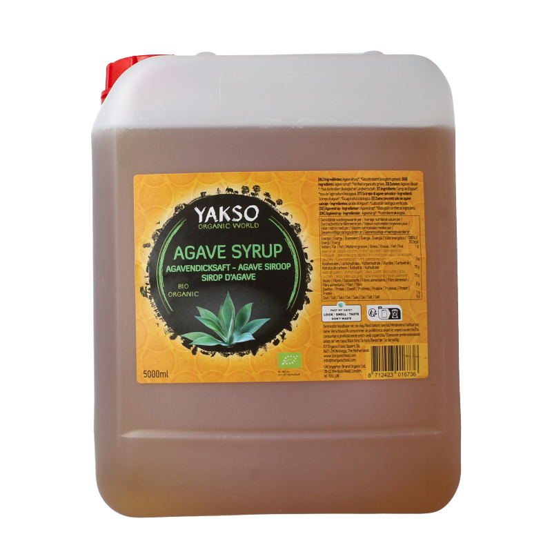 Yakso Agave siroop in a 5-liter jerrycan, organic sweetener from the Suikers en Zoetstoffen category, natural golden liquid