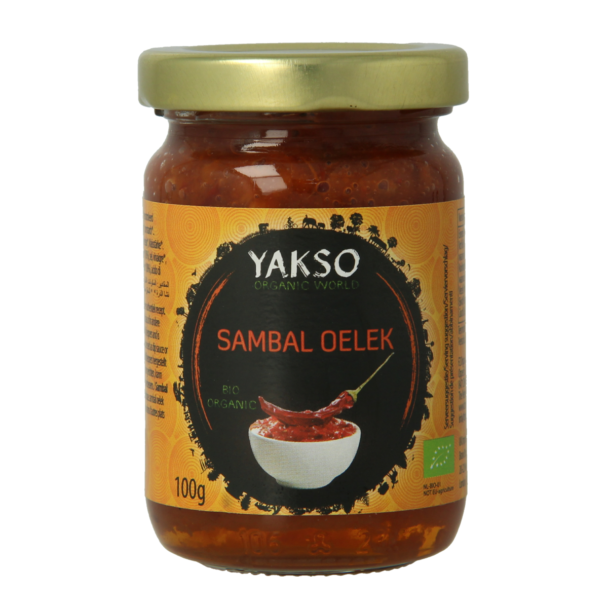 Yakso Sambal Oelek bio sauce in 100g jar, spicy Indonesian chili paste with fresh peppers and natural ingredients.