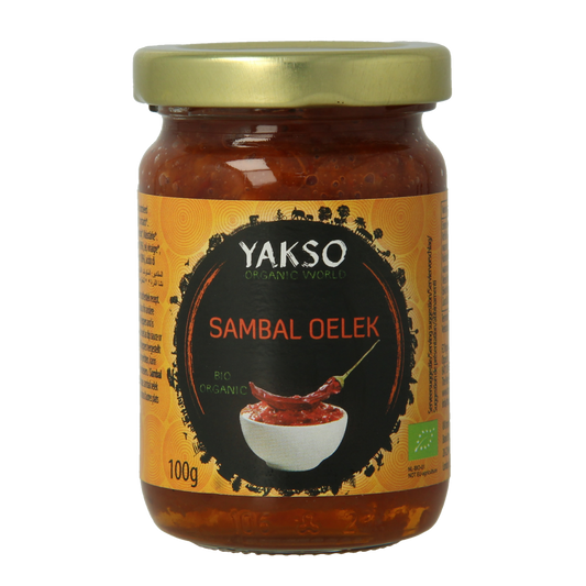 Yakso Sambal Oelek bio sauce in 100g jar, spicy Indonesian chili paste with fresh peppers and natural ingredients.