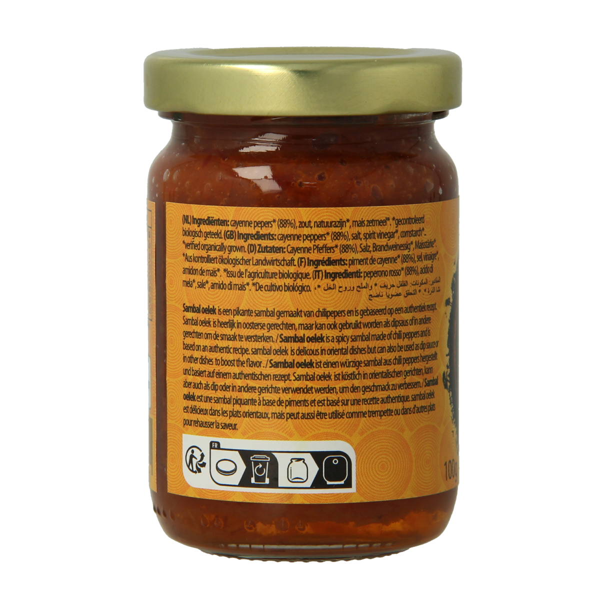 Jar of Yakso Sambal Oelek bio hot chili sauce in clear glass, showing red chili paste inside.