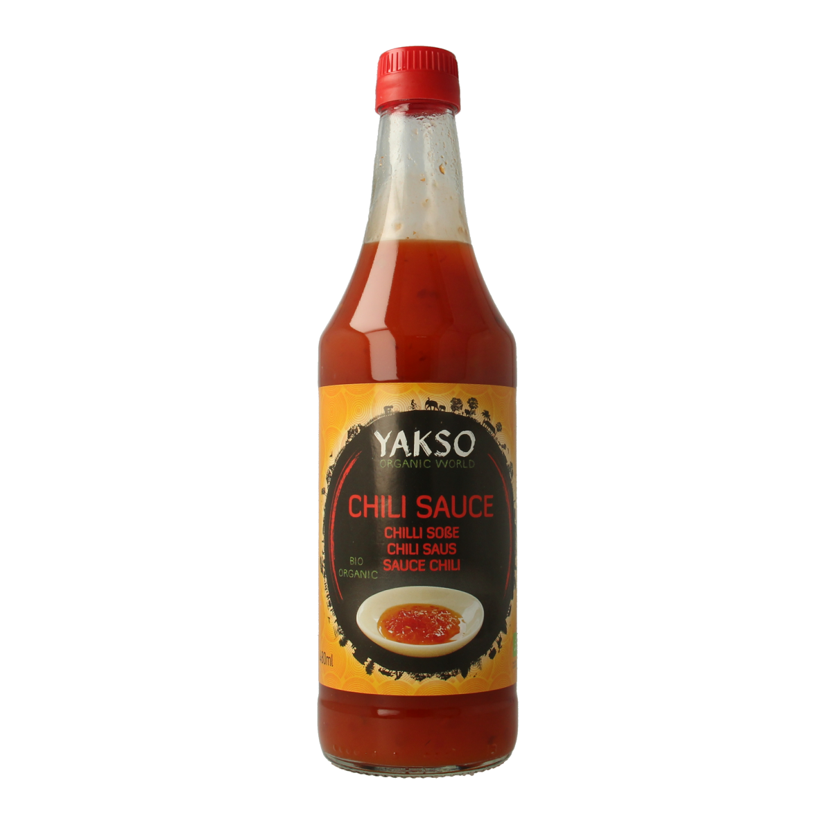 Bottle of Yakso bio chili sauce, 480ml, in a clear plastic container with a red cap, showing the spicy sauce inside.