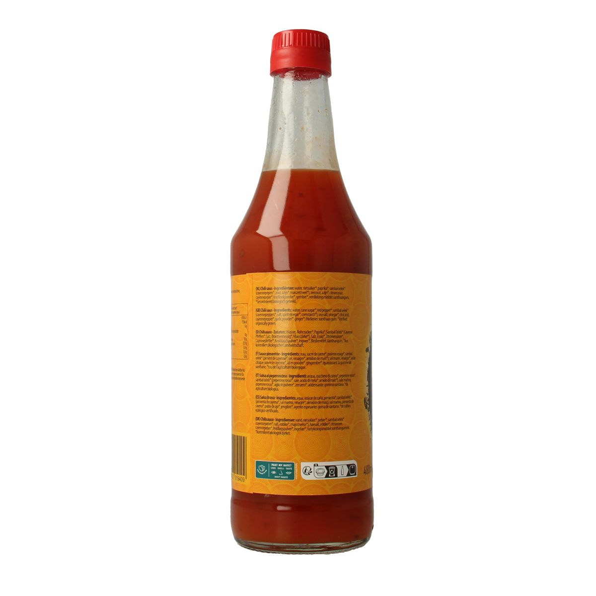 Yakso Bio Chilisaus in 480ml bottle, a spicy sauce and flavor enhancer from Yakso, shown in a clear container with vibrant red chili peppers.