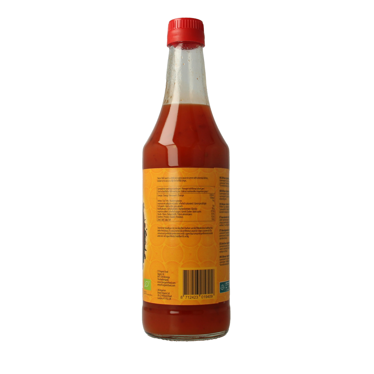 Jar of Yakso bio chilisaus in a 480ml bottle, showcasing a spicy sauce from the Sauzen en Smaakmakers category.