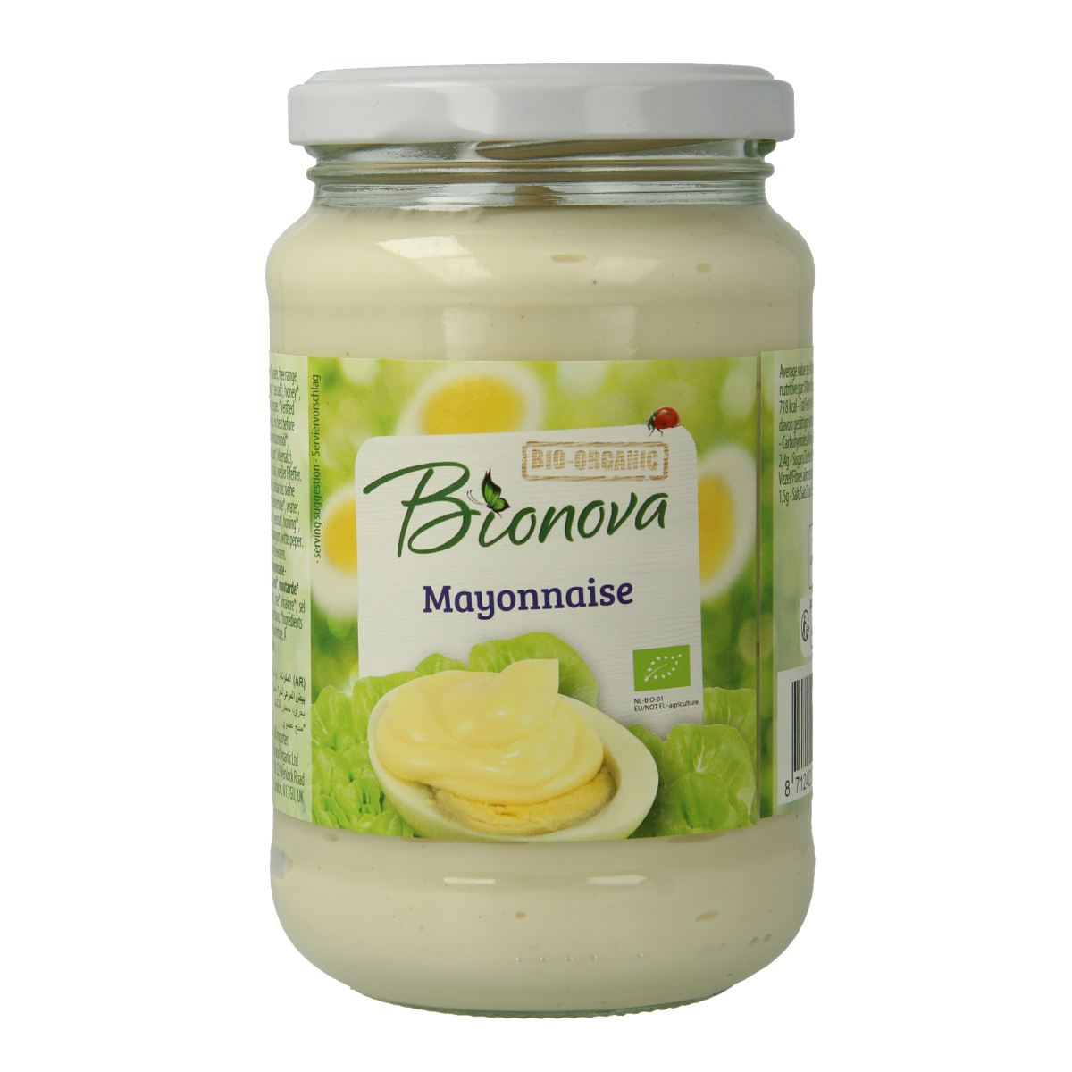 Bionova bio mayonnaise in a 320g jar, showcasing creamy texture and label on the sauzen en smaakmakers product.