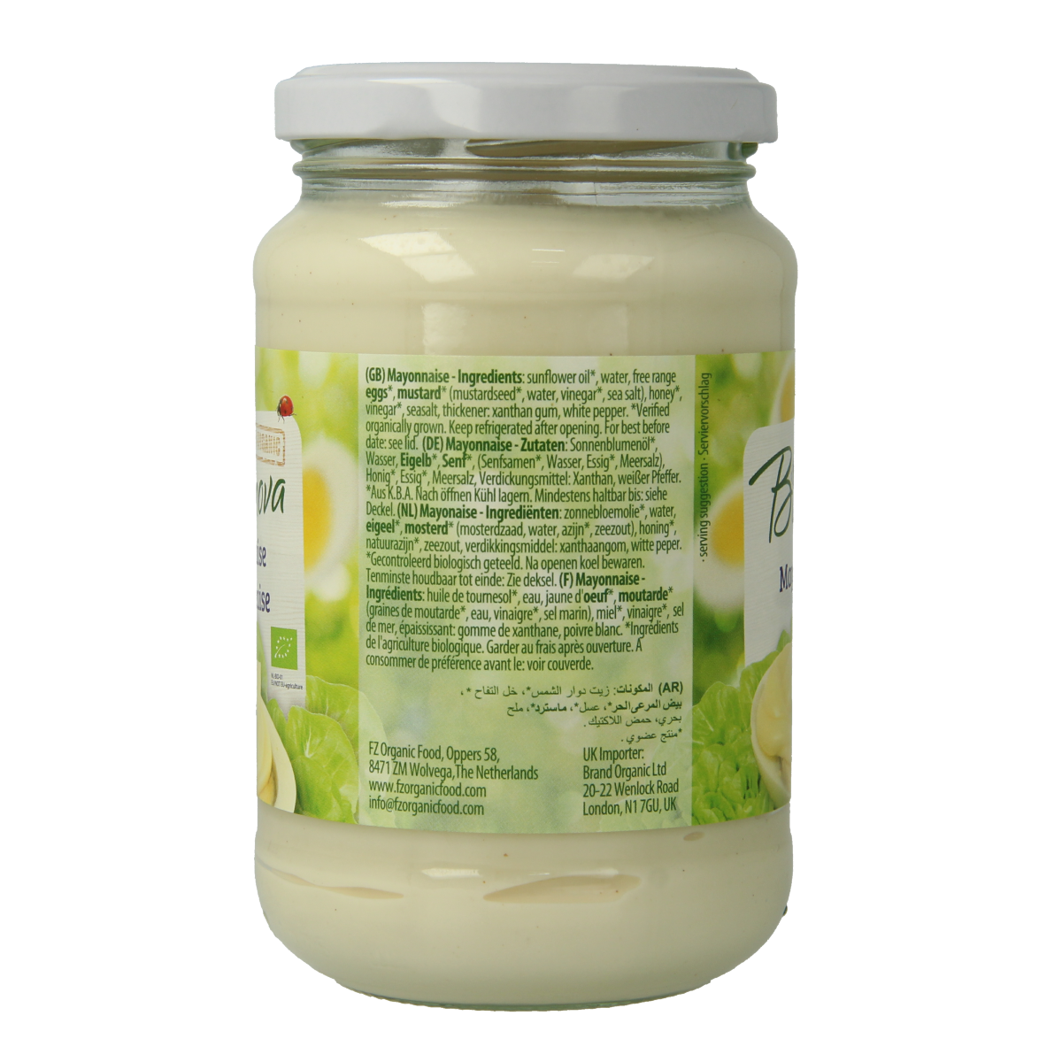 Bionova bio mayonnaise jar, 320g, from Sauzen en Smaakmakers line, with a white label and green accents on the packaging.